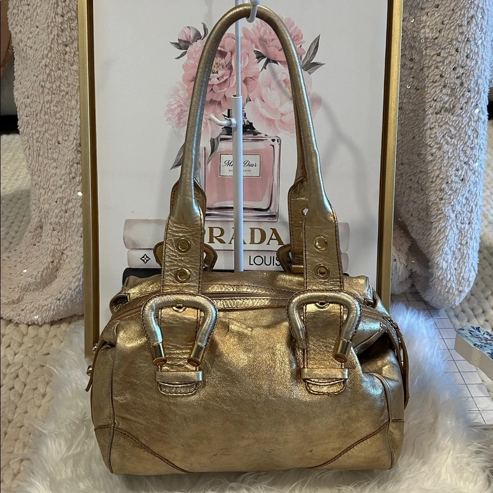 Francesco Biasia Gold Metallic Leather Satchel Shoulder Bag Structured handbag